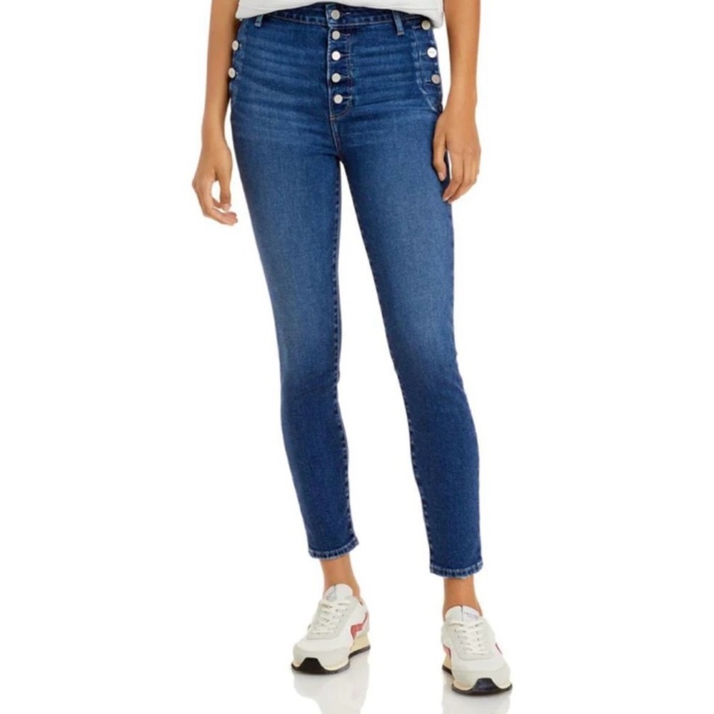 Paige Emmie high rise ankle skinny jeans, with raw frayed hem, ark denim blue